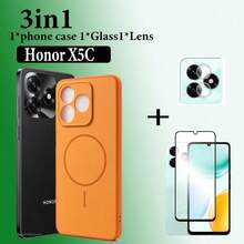 3-In-1 Honor X5C/X5C Plus Faux Magnetic Protective Case With Tempered Glass Screen Protector + Lens Protector | Full Protection Anti-Collision Frame | Scratch-Resistant Hard Back Cover | Durable Shock-Proof Phone Protective Case - Orange - View 1