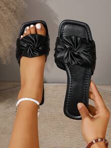 1 đôi dép xăng đan da xếp ly đế bằng cho nữ, màu trắng, hở mũi, kiểu dáng thời trang ngoài trời, dép lê đa năng phù hợp cho kỳ nghỉ. - màu đen - Xem 2