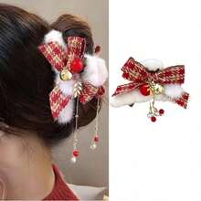 1 pieza Clip de pelo con lazo suave y esponjoso para mujer, accesorio de moda para el cabello con barrette suave y antideslizante para uso diario, fiestas, bodas, citas y decoraciones de festivales - Rojo - Ver 13