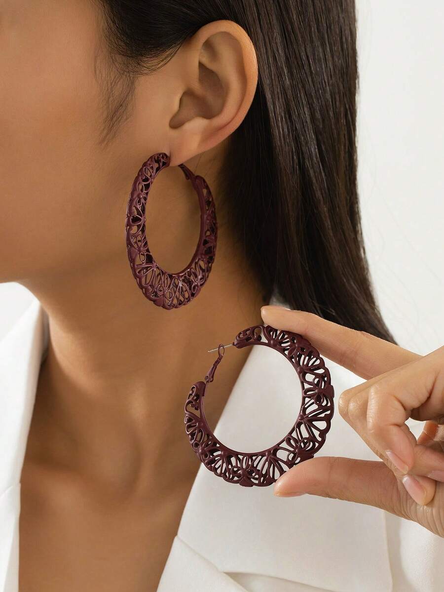 1 Pasang Anting Enamel Geometris Modis, Serbaguna - Burgundy - View 1