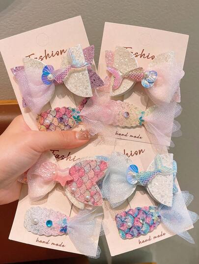 2 chiếc kẹp tóc mái lệch đuôi cá lấp lánh nhiều màu sắc cho bé gái, thích hợp cho kỳ nghỉ, bãi biển, làm quà tặng.