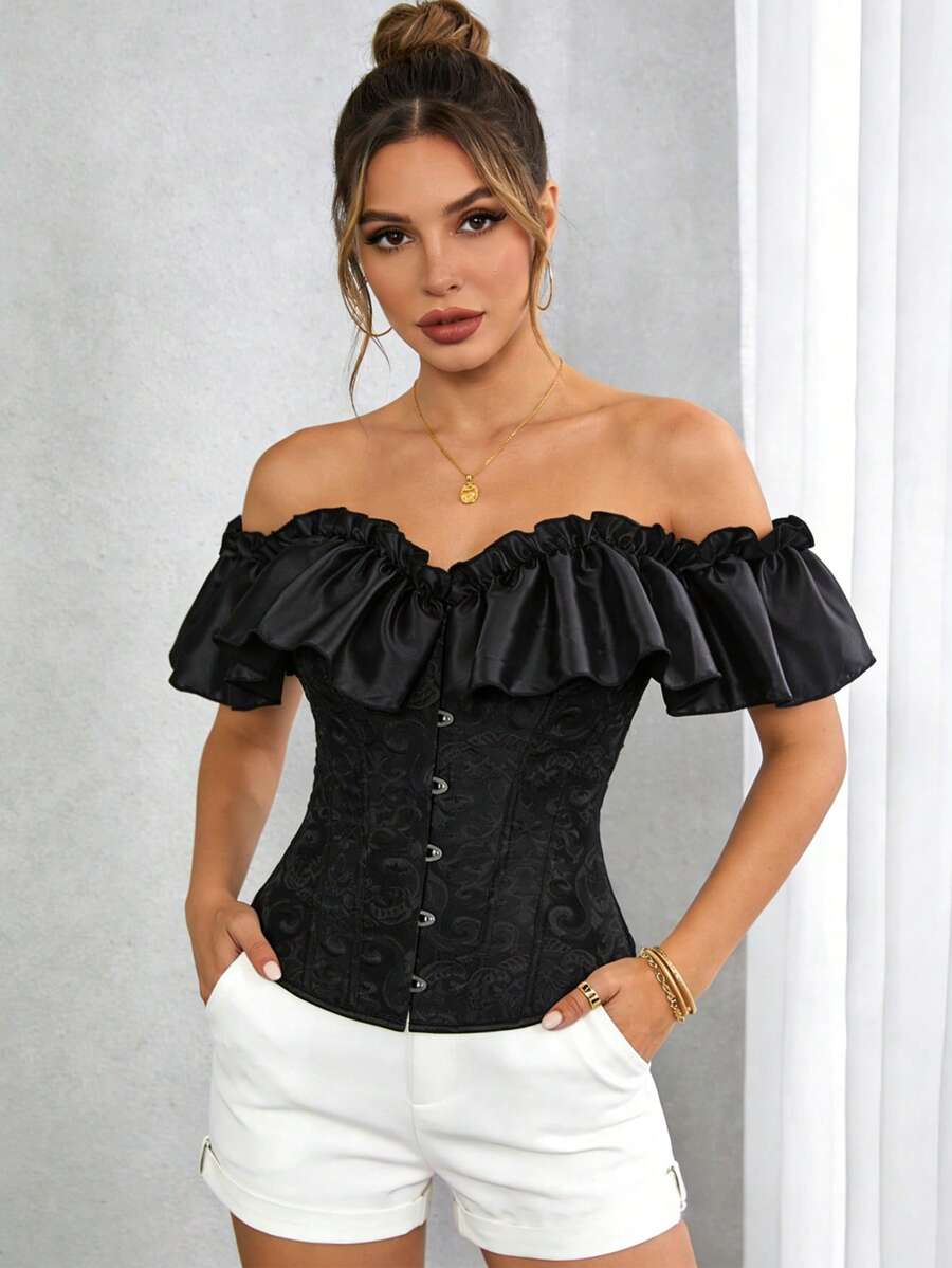 Whisplicity Women's Elegant Floral Ruffle Trim Crop Top, Sexy Black Fitted Top For Summer, Birthday Party, Off-Shoulder, Street Style - Black - View 1