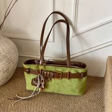 1pc Low Tea Solid Color Suede Fabric Shoulder Bag, Women's Retro Fashion Square Shoulder Bag With Top Double Handles, Zipper Closure, Suitable For Travel, Shopping, Dating, Women's Gift, Great For Commuting, Outdoor, Travel, Hiking , Green - màu xanh lá - Xem 9