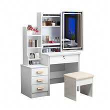 Stylish Dressing Table Set / Dressing Table With Mirror And Lighting / Modern MDF Vanity Table / Including Soft Stool, 4 Drawers / Suitable For Bedrooms And Dressing Rooms, White, W85/H130/D36cm. - White - View 11