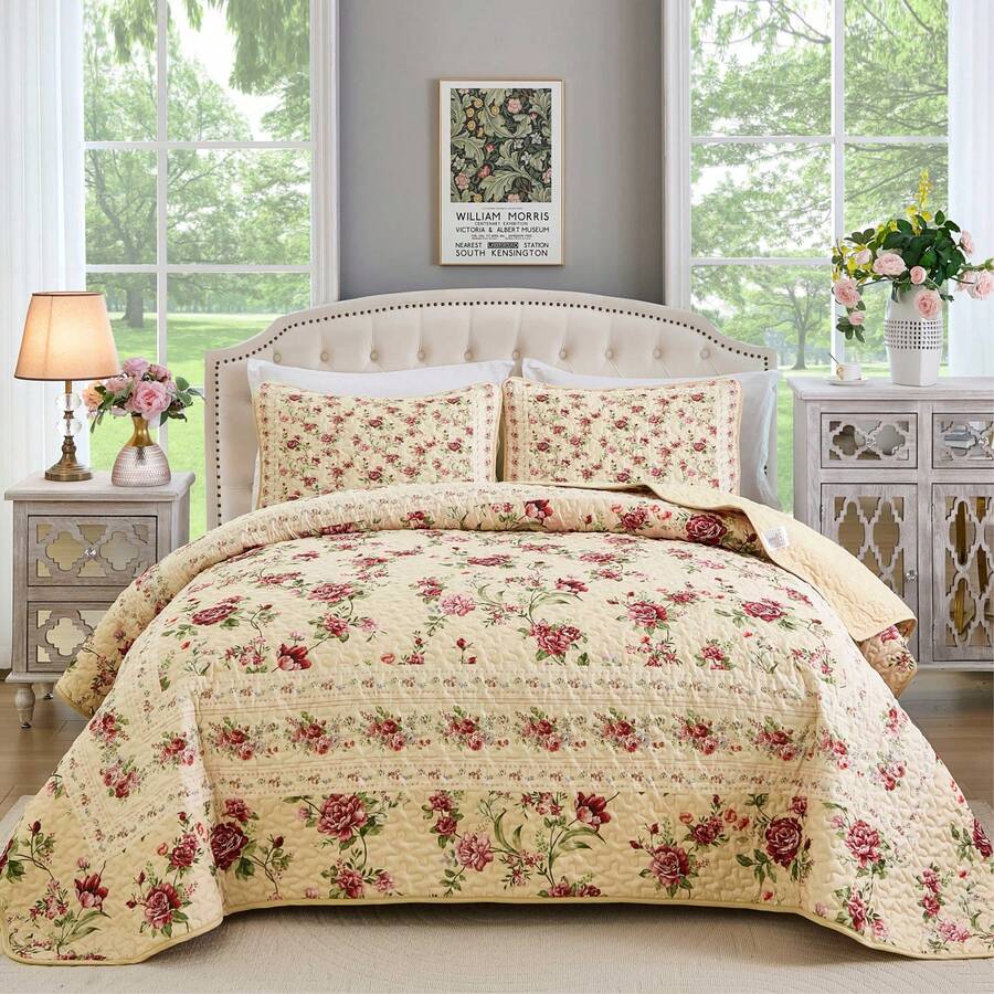 3 Piece Quilt Set Queen/King Size, Antique Rose Light Pink Bedspread Coverlet Set, Lightweight Soft And Comfortable Bedding Set. Bedroom Decor For All Seasons, Home Decor Room Decor Bedroom Decor Bed Comforter Set Mothers Day Gift Wedding Decorations. - 粉色 - 查看 1