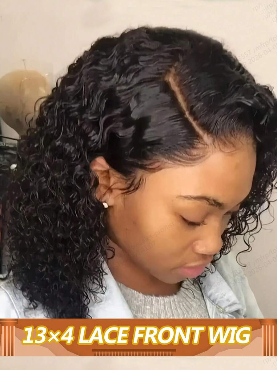 13x4水波纹真人发波波头假发，蕾丝前额，预先拔毛，带婴儿发，侧分，200%密度，女士波波头假发 - Natural Black - 查看 1