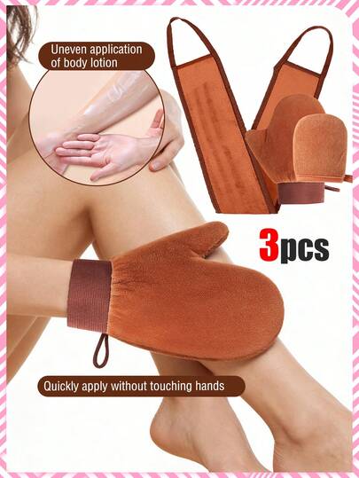 3pcs Set (Large Glove + Small Glove + Back Brush) Body Lotion Gloves, Repairing Body Lotion Gloves, Black Painting Gloves, Soft & Comfortable Quick Handwash-Free, Facial Care & Massage, Waterproof & Oil-Proof, UV Protection, Suede Material, Soft Touch & Strong Absorbency, Multi-Function Body Lotion Brush With Strap, Reusable Sunscreen Brush, Portable Body Massage Tool