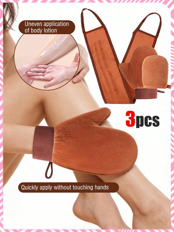 3pcs Set (Large Glove + Small Glove + Back Brush) Body Lotion Gloves, Repairing Body Lotion Gloves, Black Painting Gloves, Soft & Comfortable Quick Handwash-Free, Facial Care & Massage, Waterproof & Oil-Proof, UV Protection, Suede Material, Soft Touch & Strong Absorbency, Multi-Function Body Lotion Brush With Strap, Reusable Sunscreen Brush, Portable Body Massage Tool