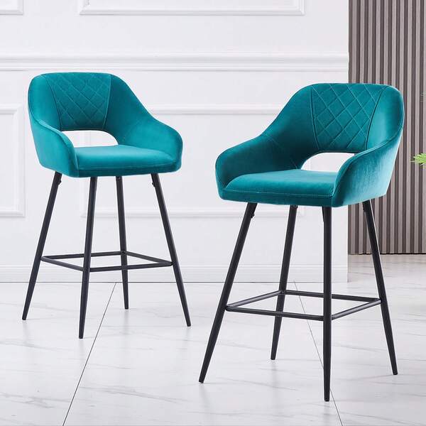 ZOONFA ZAOONFA Dark Teal Velvet Bar Stools Set Of 2, Padded With Armrest Footrest, High Kitchen Stools Black Metal Legs For Counter Home