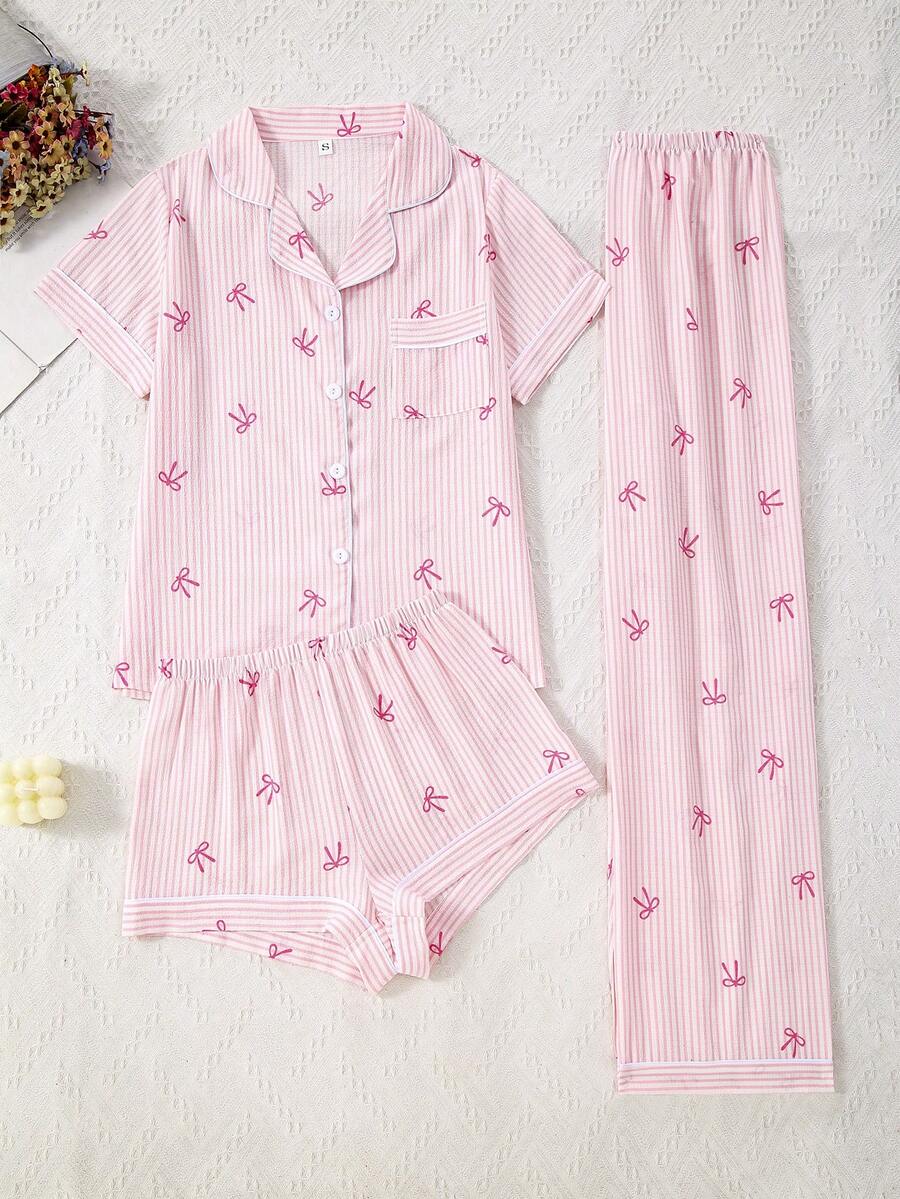 Conjunto de 3 piezas de pijama para mujer con estampado de rayas y lazo, de frente abierto y efecto arrugado - Rosa Pálido - Ver 1