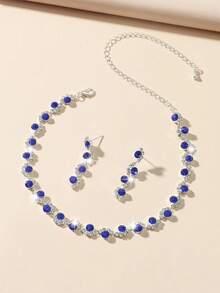 3件套极简主义项链耳环首饰套装，全镶水晶爪链，新娘清新生日派对礼物套装，女士 - 彩色 - 查看 7