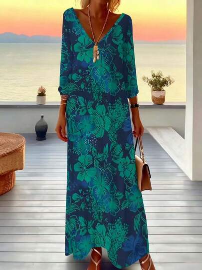 Đầm maxi ngắn tay cổ chữ V in hoa thanh lịch dành cho nữ cỡ lớn, chất liệu polyester, dáng rộng, thích hợp cho tháng Ramadan, Eid Al-Fitr và các dịp lễ hội thường ngày, màu xanh đậm phối họa tiết hoa đen.