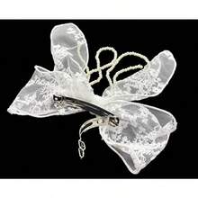 3 Pieces Lace Bow Pearl Chain Hair Clips Flower Embroidery Non Slip Hair Bow Barrettes For Women And Girls White Beige Black - 白色 - 查看 3