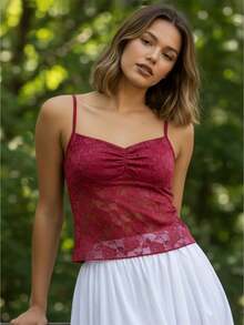 Women's Cami Tank Top Lace Sleeveless Ruched Solid Slim Fit Summer Casual Top - Burgundy - View 1
