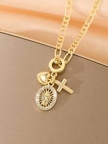 Women's Vintage Religious Style Multi-Pendant Necklace, Combining Cross, Sacred Heart And Zirconia-Inlaid Virgin Mary Pattern. Exquisite Soft Layered Design, Elegant To Wear. Symbolizing Faith, Protection, Love And Peace. Suitable For Daily Commute, Church And Dating, Versatile For Vintage Outfits. Ideal Gift For Mother's Day, Birthday And Religious Occasions, Filled With Blessings And Ritual. - Yellow Gold - View 3