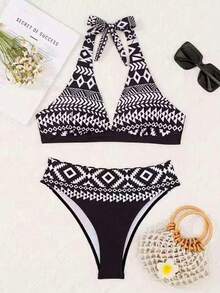 New European And American Style Macrame High Waist Hollow Out Bikini, Backless Design, Showcases Feminine Charm Summer Vacation Beach - Black and White - View 3