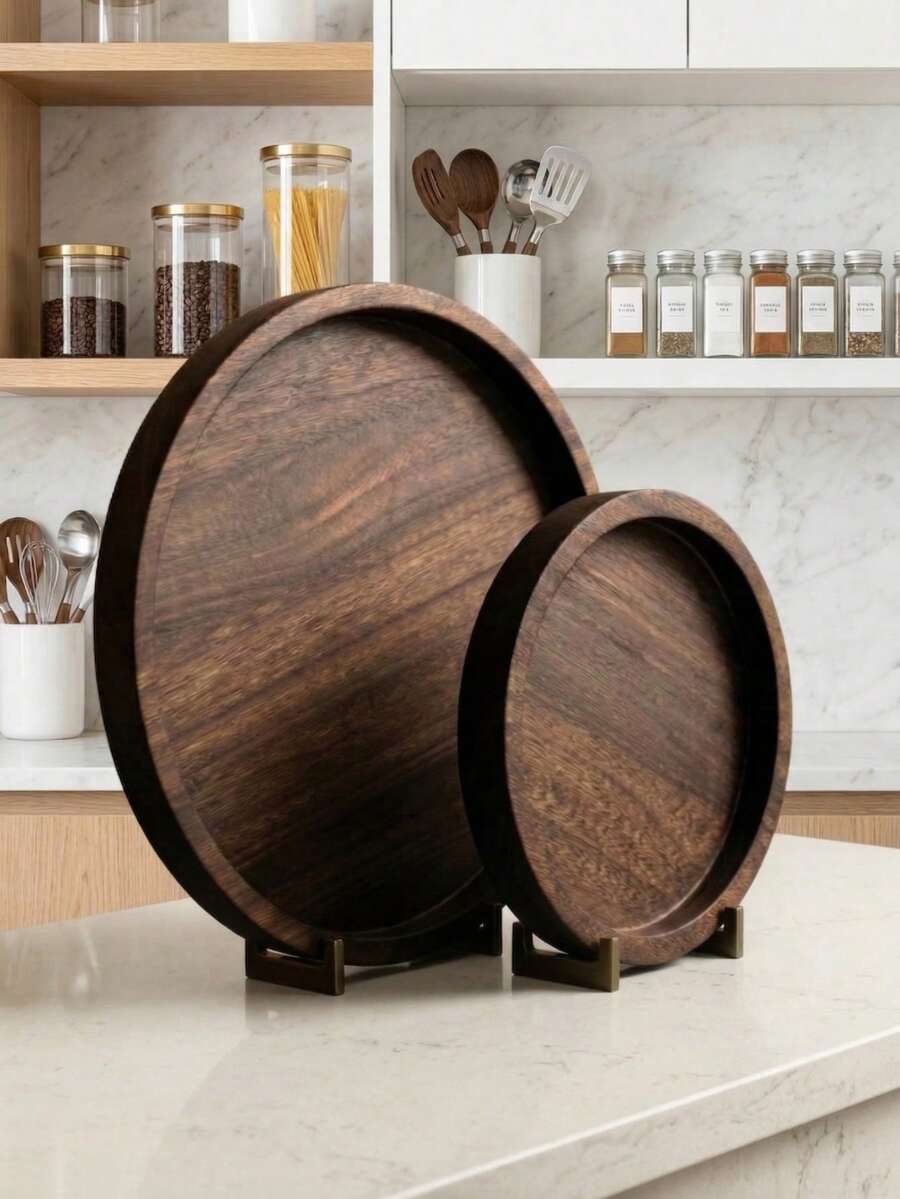 Minimalist Round Wooden Tray, Aesthetic Decorative Catchall Tray For Coffee Table, Vanity Perfume Organizer, Boho Home Room Decor - nâu sẫm - Xem 1