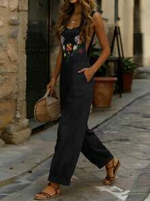 Women's Jumpsuit, Embroidered Strap Jumpsuit With Pockets, Casual Vacation & Home Wear, Spring/Summer Black - Black - View 5
