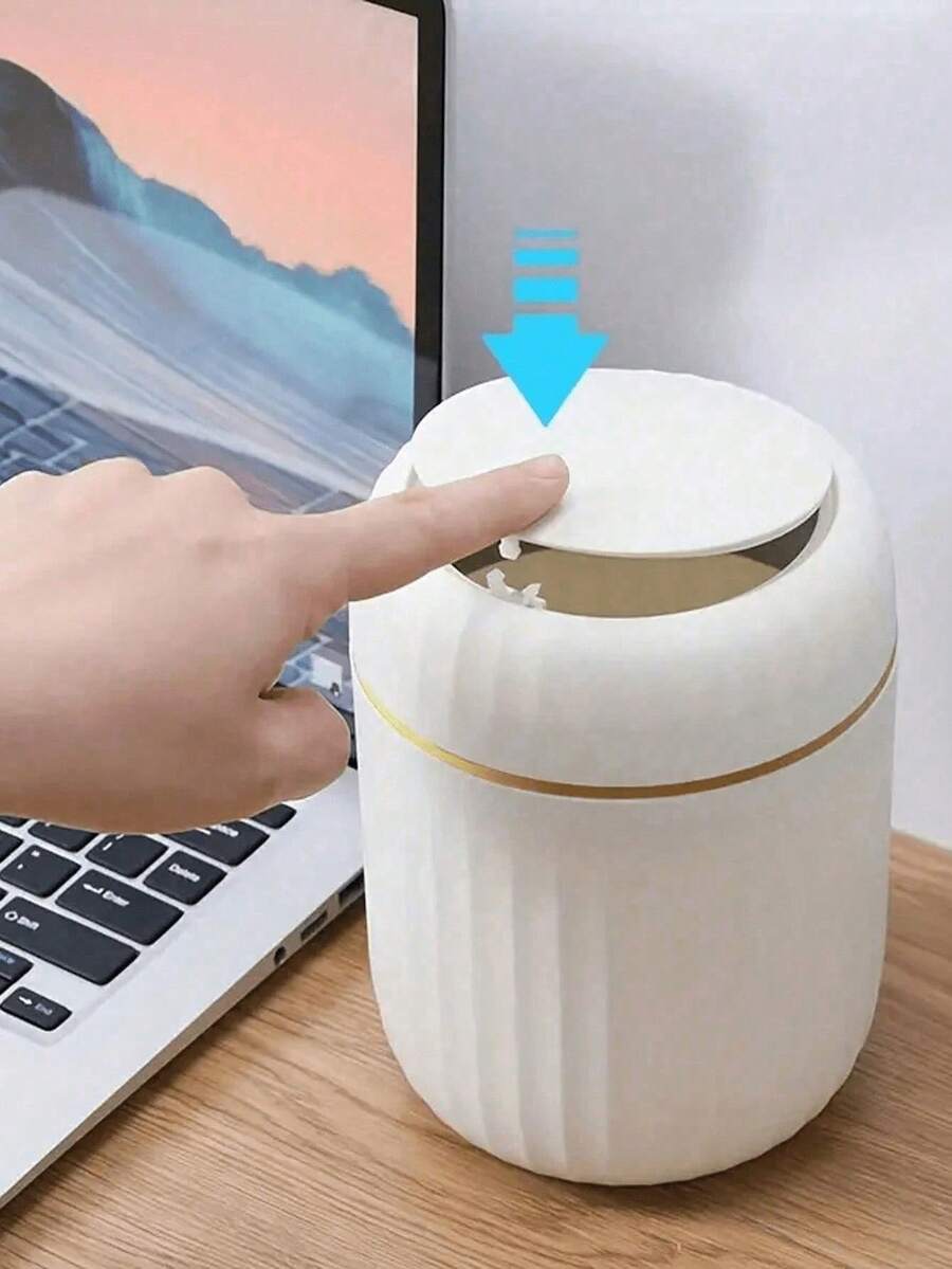 家用條紋垃圾桶，防水防污，可攜式，適用於臥室、浴室、廚房收納，開口頂部圓筒設計，無需電源，桌面款 [小尺寸，適合作為桌面垃圾桶] - 附蓋圓形-多色 - 查看 1