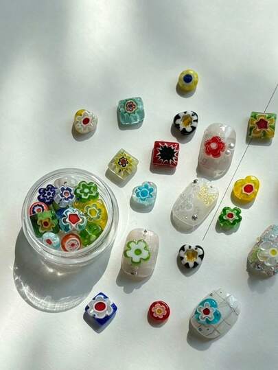 10件套新款春季美甲配件 - 彩色玻璃珠、花朵、爱心等，独特美甲装饰