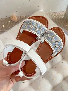 1 Pair 2026 New Girls' Knitted Pattern Open Toe Flat Sandals, Breathable. Lightweight And Secure Fit, Suitable For Girls' Daily Wear In Summer And Various Occasions. - Dusty Blue - View 8