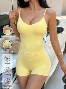 Women's Casual Sports 2 Pieces Set, V-Neck Camisole Top And High-Waisted Fitted Shorts, Suitable For Yoga, Fitness, Daily Wear - Yellow - View 5