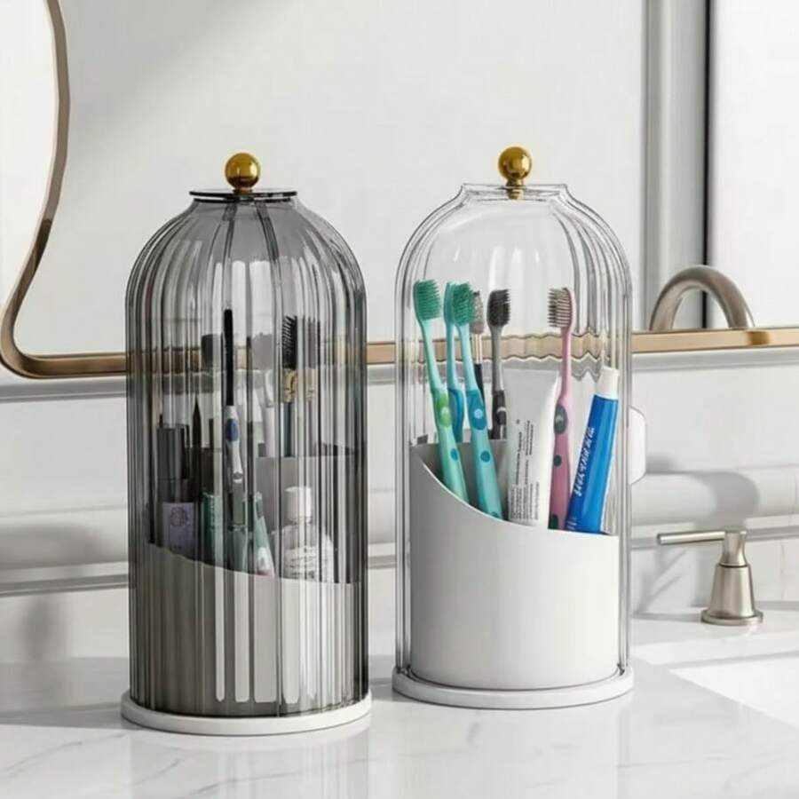 360° Rotating 3 Slots Toothbrush Holder With Sliding Lid, Dustproof Bathroom Countertop Organizer, Non-Slip Base Toothpaste & Makeup Brushes Storage Caddy, Space-Saving Vanity Counter Organizer For Bathroom Sink, Premium ABS Plastic Bathroom Organizer Caddy For Home, Dorm & Apartment, Multi-Use Countertop Storage Stand For Toothbrushes, Toothpaste Tubes, Cosmetic Brushes & Small Bathroom Accessories, Easy To Clean Sliding Lid Toothbrush Organizer, Stylish Bathroom Counter Storage Solution For Daily Use, Suitable For Family & Personal Use Bathroom Vanity Organizer - 灰色 - 查看 1