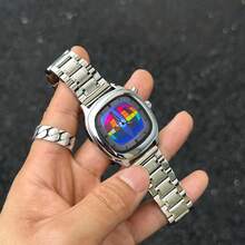 1件桶形不鏽鋼手錶，彩虹格紋多功能計時石英錶，銀色鋼錶帶，Y2K禮品配件 - 均碼 - 查看 3