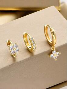 Set de 3 piezas de aretes de metal con flor de circonita estilo minimalista de lujo europeo y americano - Dorado - Ver 9