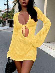 Women's New Hollow Out Sexy Beach Vacation Casual Daily Dress, Flare Sleeve Short Knit Sweater Dress, Suitable For Spring, Summer And Autumn - Yellow - View 2