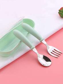 3pcs Set (Fork + Spoon + Case) Stainless Steel Tableware For Kids, Baby Feeding Spoon Fork Training Self-Feeding Utensils With Portable Case - Multicolor - View 15