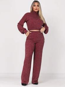 Women's Winter Set: Thick Ribbed Wool Blouse + Wide-Leg Pants With Pockets - 2026 Fashion - 酒紅色 - 查看 1