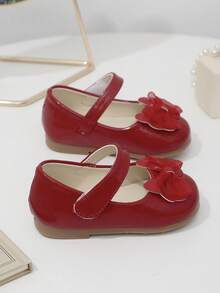 女童红色漆皮亮片魔术贴蝴蝶结玛丽珍平底鞋，软底公主裙鞋 - 紅色 - 查看 7