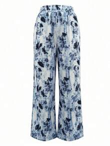 Women's High Waist Retro Black Butterfly Pattern Straight Leg Pants, Suitable For Casual Outings And Vacations In Spring/Summer - Blue - View 4