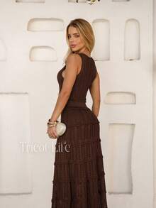 Women's Midi Dress, Knit, Summer, Crochet, Ruffles, Party, Beach, Elegant, Christmas, New Year's Eve, Premium - 咖啡棕色 - 查看 6