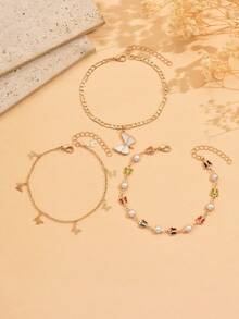 Bohemian Style Beaded Anklet Set With Butterfly Pendant, Multi-Layer Beach Vacation Anklets (Random Color Butterfly Pattern) - Multicolor - View 2
