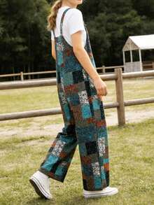 Bohemian Women's Loose Floral Bib Overall Jumpsuit With Pockets Patchwork Wide Leg Adjustable Strap Beach Vacation Outfits Summer - 綠褐色 - 查看 4