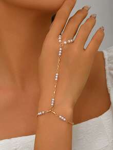 1pc Fashionable Minimalist Versatile ABS Faux Pearl Beaded Chain Finger Ring Bracelet, Suitable For Daily Wear - Gold - View 5