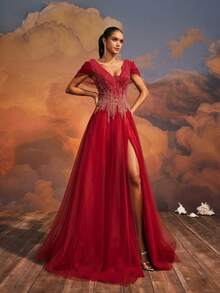 Đầm dạ hội dài VIPGIRL đính sequin, chất liệu lưới, màu đỏ xẻ cao, thích hợp cho nữ. - Đỏ - Xem 7