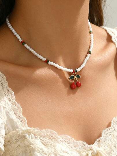 1 chiếc vòng cổ mặt dây chuyền hình quả anh đào đính hạt thủy tinh dễ thương, thời trang, phù hợp cho nữ giới đeo hàng ngày, dự tiệc, họp mặt và du lịch.