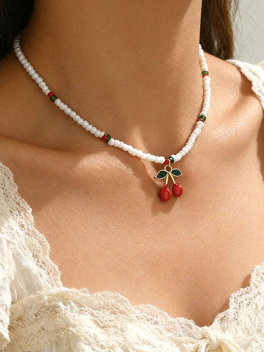 1 chiếc vòng cổ mặt dây chuyền hình quả anh đào đính hạt thủy tinh dễ thương, thời trang, phù hợp cho nữ giới đeo hàng ngày, dự tiệc, họp mặt và du lịch. - Nhiều màu - Xem 1