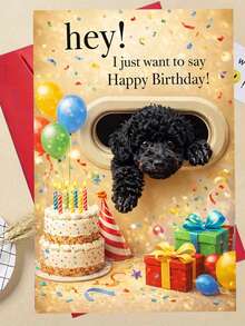 1张可爱黑色贵宾犬“生日快乐”贺卡。包含信封，采用优质哑光纸。狗狗穿过猫门，生日派对主题设计。送给爱狗人士的完美之选——理想的喜庆生日贺卡（12厘米/4.7英寸 x 17厘米/6.7英寸） - 紅色信封 - 查看 5
