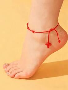 2pcs/Set Fashion Beach Style Minimalist Lucky Cross Woven Anklet Bracelet Set For Women - Black Red Cross - View 4