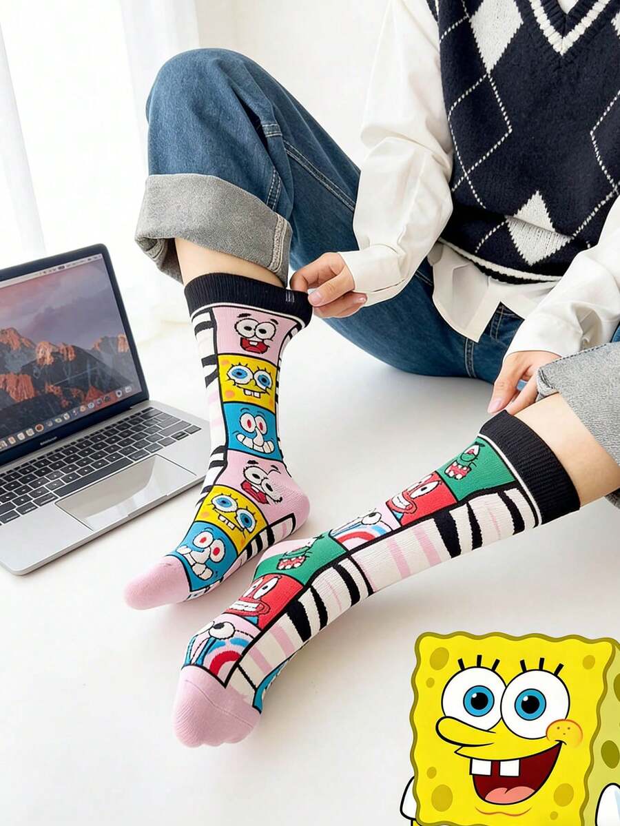 SpongeBob SquarePants 1双男女通用卡通袜子，休闲百搭中筒袜，适合所有季节 - 彩色 - 查看 1