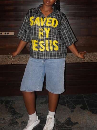 女士标语格子图案短袖单排扣休闲宽松街头风衬衫