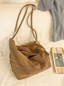 1 chiếc túi xách tay dáng dài (hobo) bằng vải canvas màu kaki trơn, dung tích lớn, có khóa kéo, thích hợp cho nữ và đi làm hàng ngày. - Nhiều màu - Xem 3