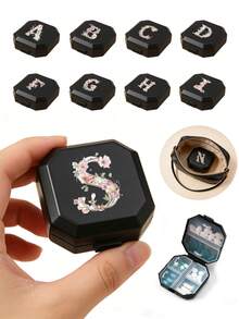 Portable Square Pill Box, A-Z Letter Design With Flower,6 Grids Capsule Storage Box, Travel Pill Box, Personalized Creative Gift, Suitable For Travel & Outdoor, Fits In Bag Or Pocket, Can Be Used As Wedding Gift, Gift & Reception Decor, Unique Designed Travel Storage Box, Mother's Day Gift, Gift For Friends, Nurse Gift - one-size - View 1