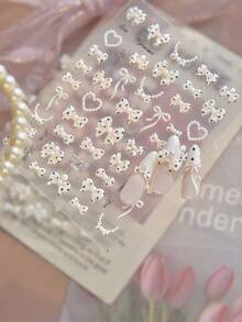 1 miếng dán móng tay hình nơ 5D kiểu cổ điển thanh lịch, nơ ruy băng đen trắng dễ thương, tự dính, có thể dán trang trí, dùng để tự làm móng. - trắng - Xem 2