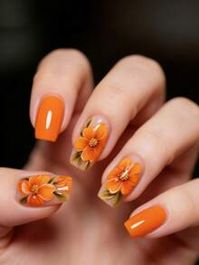 24pcs Summer Vibrant Orange Flower Nail Art, Gentle Transparent Nude Color Detachable False Nails - Orange - View 2