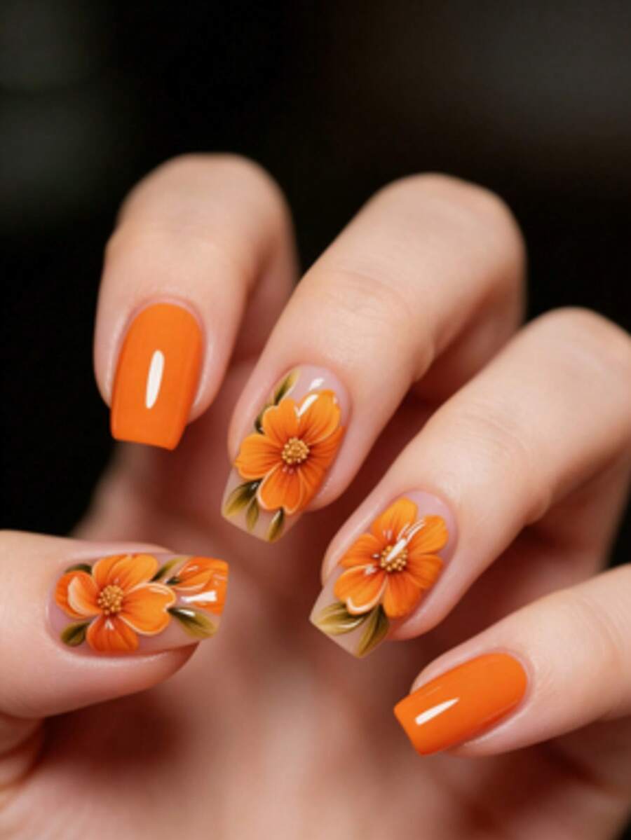 24pcs Summer Vibrant Orange Flower Nail Art, Gentle Transparent Nude Color Detachable False Nails
